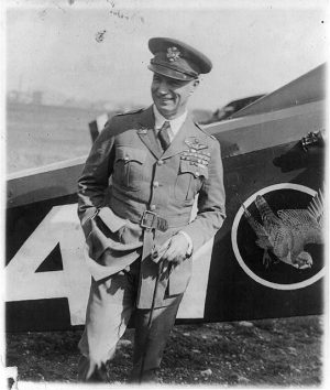 Standing portrait of Billy Mitchell in front of a plane at Bolling Field in 1925. He ranked as a colonel at the time. 