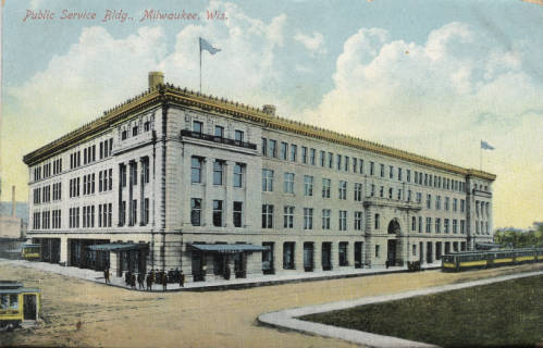 Postcard of the Public Service Building in 1908. The Public Service Building was a hub of Milwaukee's twentieth century transportation and electricity infrastructure.