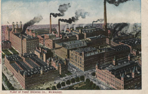 Postcard featuring the Pabst Brewing Company production plant. 