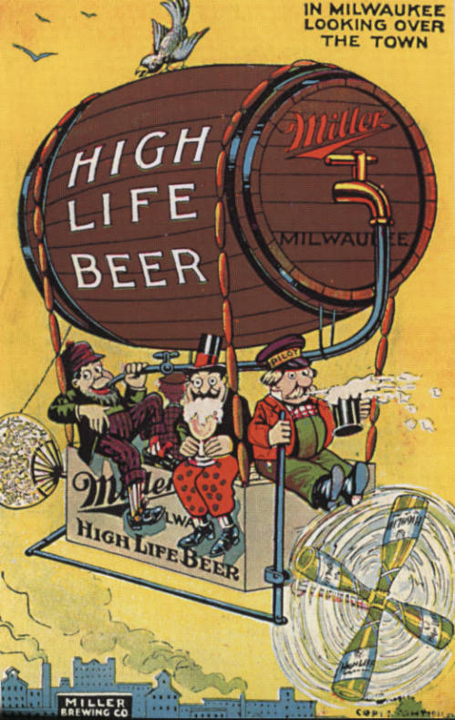 Postcard advertising Miller Brewing Company's Miller High Life beer. 