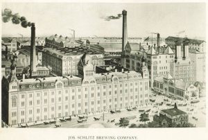 View of brewery looking East across 3rd Street (now Martin Luther King, Jr. Drive). The Joseph Schlitz Brewery and the Pabst Brewery were the largest of the Milwaukee beer makers. The Milwaukee plant of Schlitz Brewery was closed in 1980.