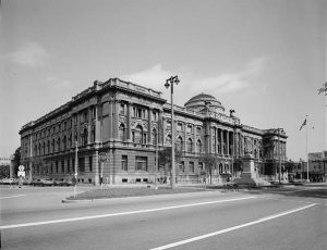 Photograph featuring the Milwaukee Public Library, circa 1933. 