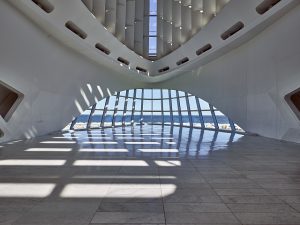 Photograph featuring the atrium of the Milwaukee Art Museum. 