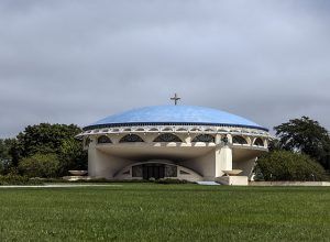 Photograph featuring the Annunciation Greek Orthodox Church in Milwaukee. Completed in 1961, the church was designed by Frank Lloyd Wright. 