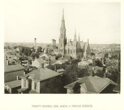 Photograph featuring the Trinity Evangelical Lutheran Church, circa 1885. 