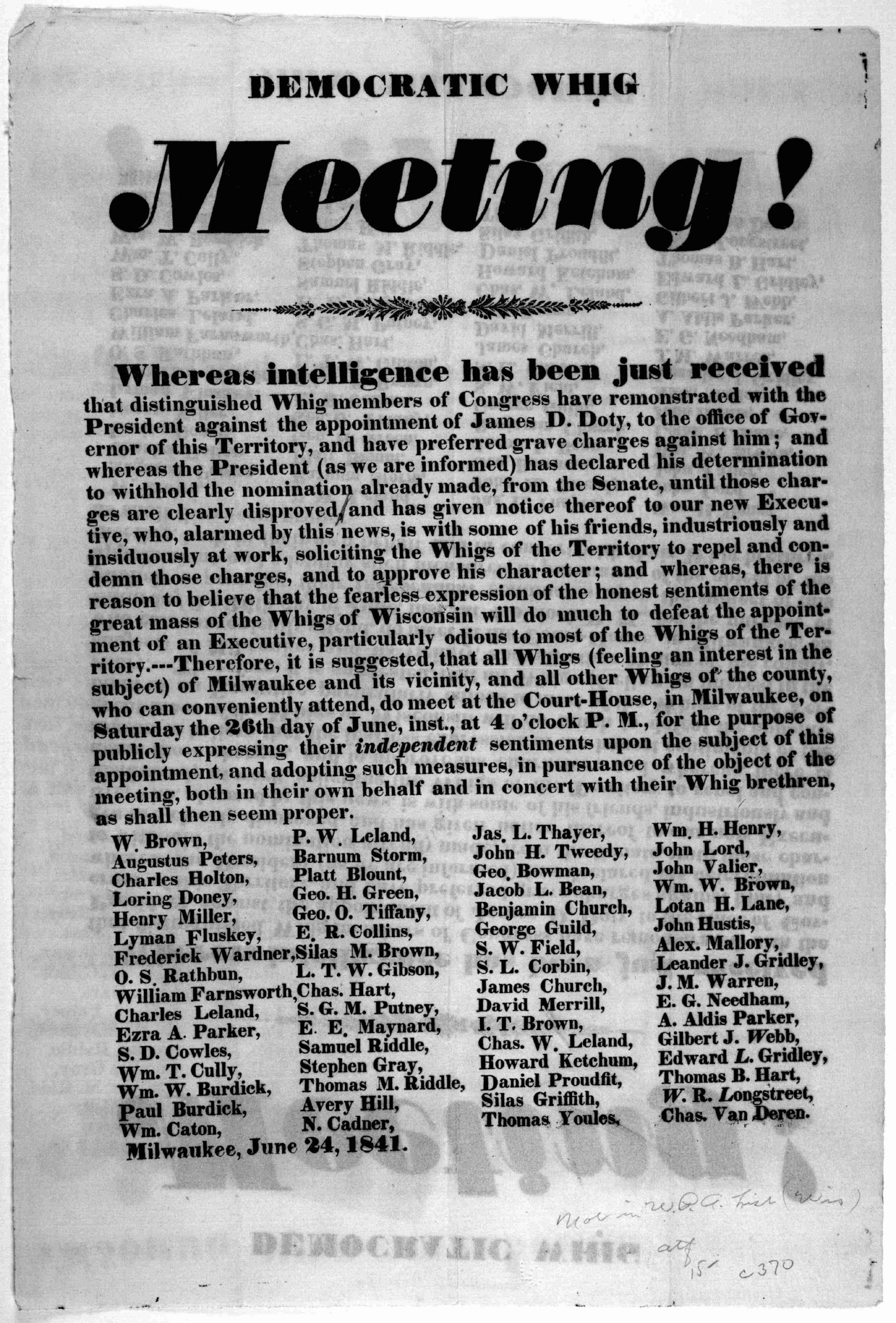 Front page of a leaflet announcing a Democratic Whig meeting at the Milwaukee County Courthouse on June 26, 1841. 