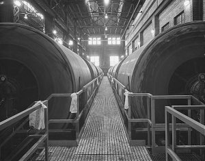 This 1981 photograph shows the filter cake cylinders at the Jones Island Treatment Plant.