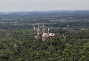 Aerial view of the Basilica of the National Shrine of Mary Help of Christians at Holy Hill, a popular destination for tourists and pilgrims. 