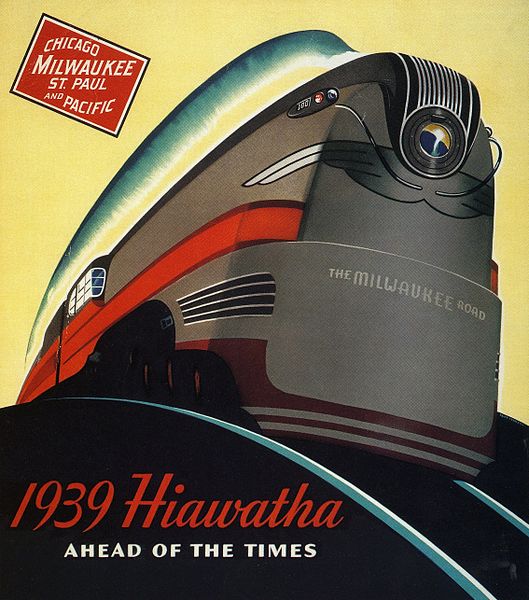 This 1939 advertisement used art deco style to emphasize the sleek modernity of the Milwaukee Road's Hiawatha trains.