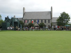 Photograph of the Whistling Straits clubhouse and spectators during the 2010 PGA Championship.