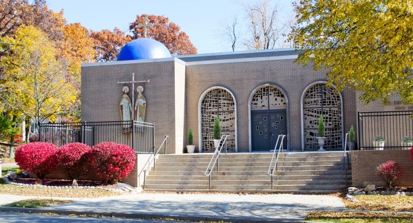 Photograph featuring the front entrance to Sts Constantine and Helen Greek Orthodox Church located in Waukesha. 