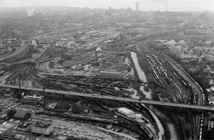 This aerial view of the Menomonee River valley looking east from 37th Street taken in 1980 illustrates the expanse and importance of railroads as a form of shipping transportation.  