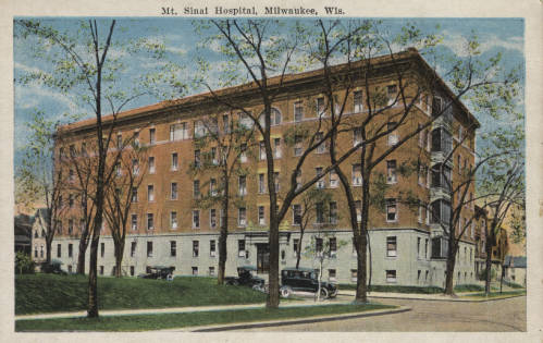 Postcard created between 1907 and 1930 featuring Mount Sinai Hospital in Milwaukee.  