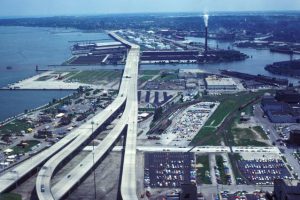 This 1978 photograph taken by Harold Mayer from the US Bank Center shows the Hoan Bridge, Jones Island, and the Jones Island Wastewater Treatment Plant.