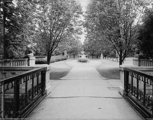 A view of the Lake Park lion bridge looking south. This park was designed by the famed landscape architect Frederick Law Olmstead.