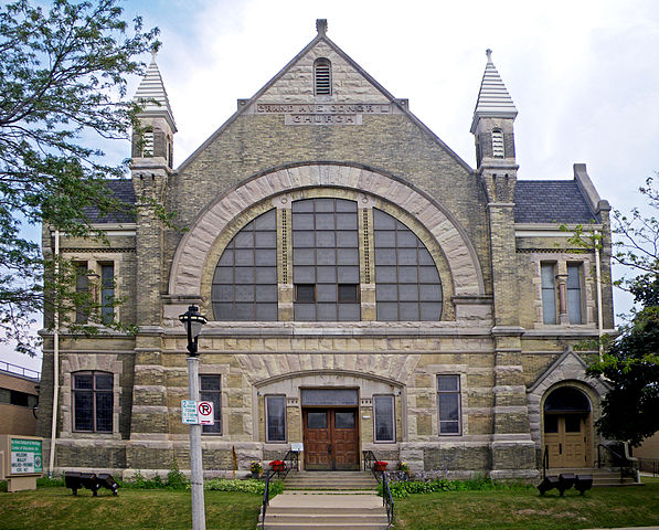 Photograph of the Grand Avenue Congregational Church. After serving the Congregationalist community for 150 years, the church closed in 1997 and is now the headquarters of Milwaukee Irish Cultural Center. 