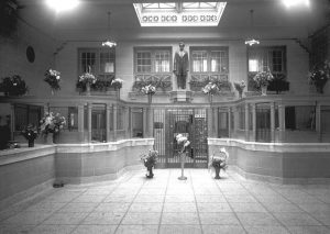 Photograph of the lobby of the Lincoln State Bank upon its grand opening in 1920. 