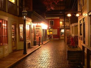 Photograph of part of the popular museum exhibit Streets of Old Milwaukee. It opened in 1965 and was one of the world's first walk-through dioramas. 