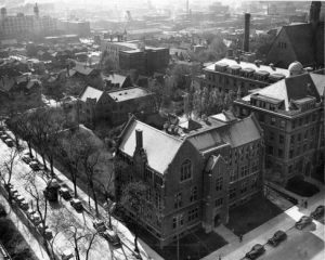 Aerial photograph taken from the corner of 11th Street and Wisconsin Avenue, circa 1940. Sesenbrenner Hall is the central building. 