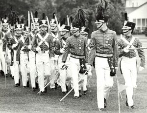 Cadets from St. John's Military Academy in Delafield parade in uniform, taken between 1979 and 1983. 