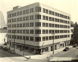 A 1938 photograph of the recently-opened John W. Mariner Building designed by Eschweiler and Eschweiler in a rare example of the Streamline Moderne style.