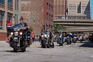 Bikers parade through Milwaukee as part of Harley-Davidson's 105th anniversary celebration in 2008.