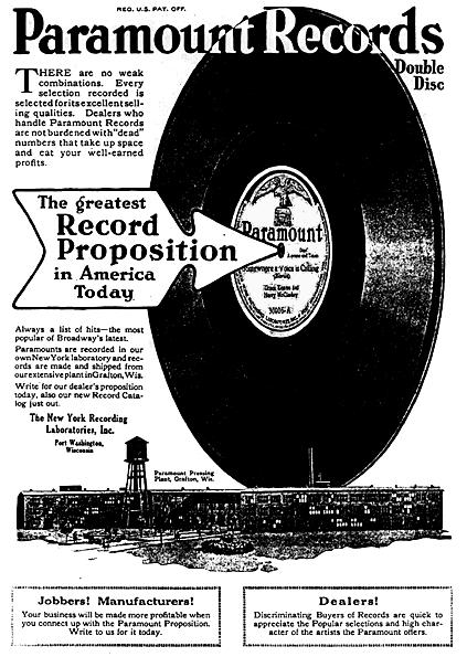 This advertisement for Paramount Records was featured in the November 1919 issue of the monthly magazine "Talking Machine World."