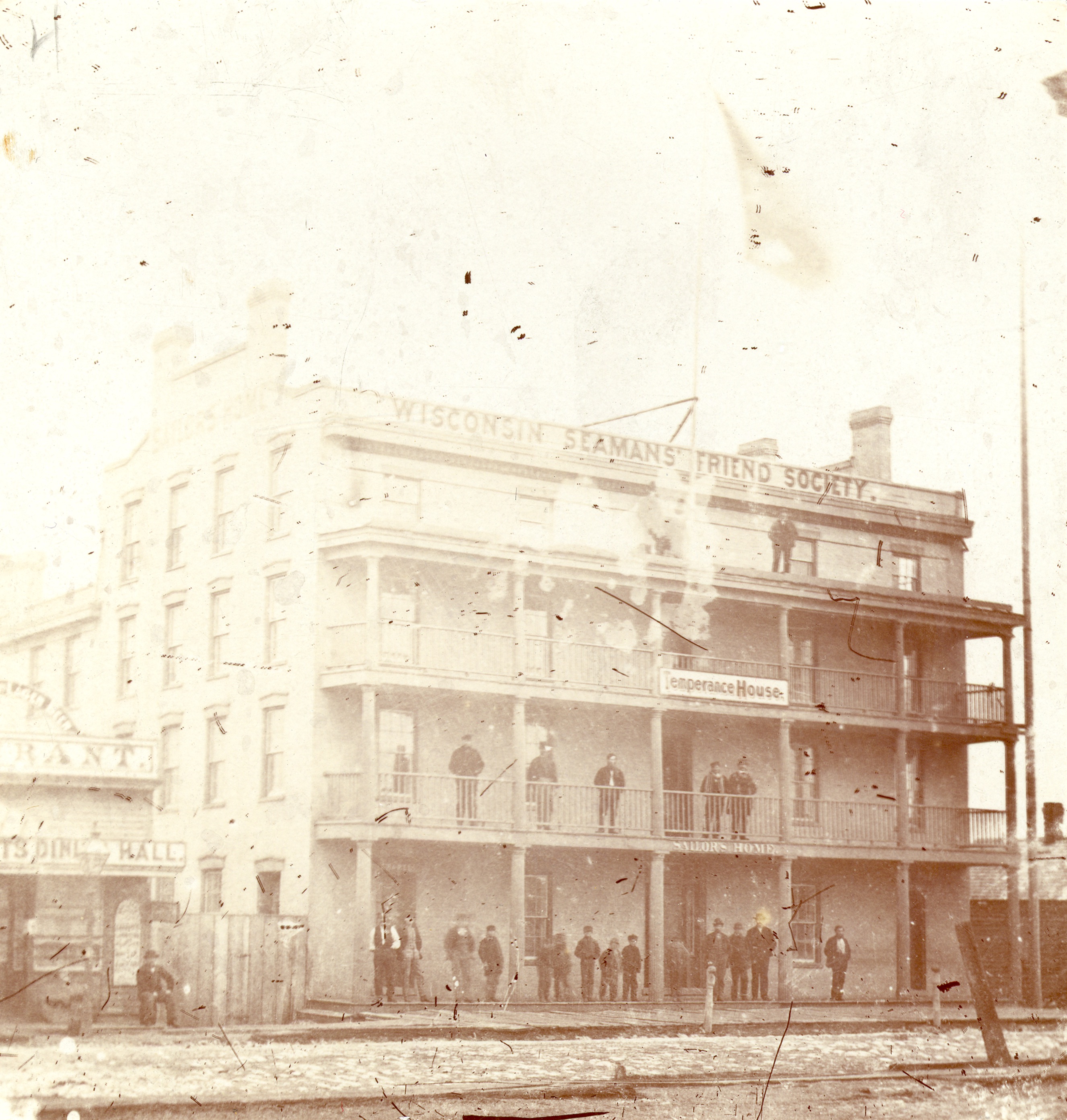 Established in the late 1860s, the Wisconsin Seaman's Friend Society aimed to provide sailors with affordable lodgings away from the influences of gambling, drinking, and prostitution. This Temperance House stood on Erie Street. 