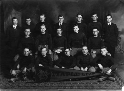 Group photograph of the Maple Leaf amateur football team, champions of the 1914 Milwaukee League.