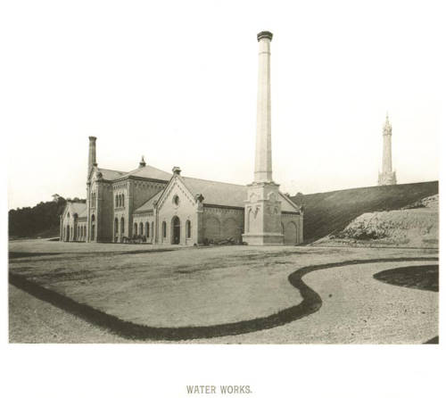 The North Point Water Works, shown around 1885, including the standpipe at the top of the hill on the right.