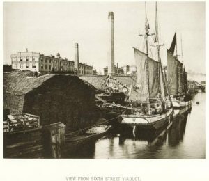 Photograph taken from the Sixth Street Viaduct, circa 1885. The Pfister and Vogel Tannery is seen in the background.