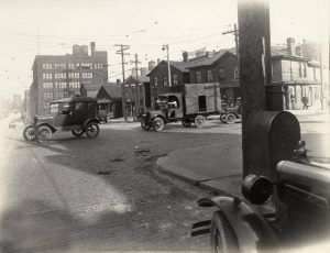 Potholes were a chronic problem on Milwaukee's roads and streets, as seen at the intersection of North 5th and Clybourn Street in 1925.